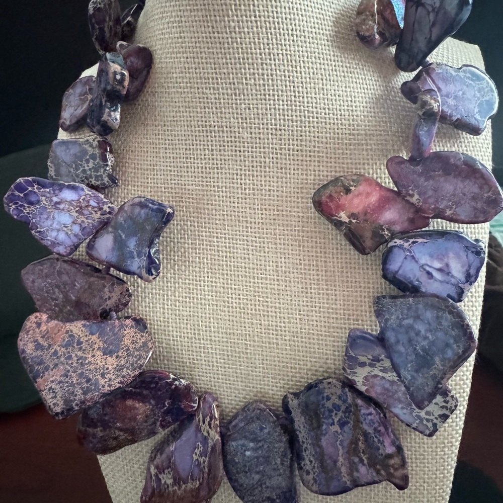 Purple Jasper Beaded Stone Necklace w/ Gold Clasp Accent